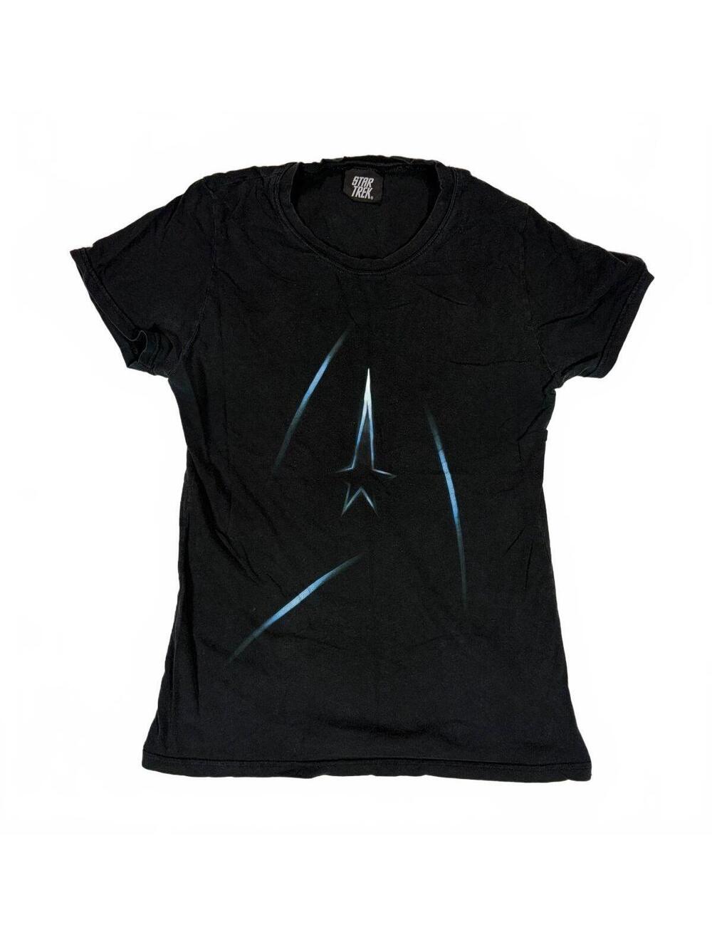 Y2K Star Trek 2009 Movie Women's S Black Starfleet Sci Fi Fitted Graphic T Shirt